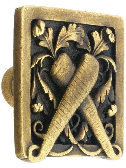 Leafy Carrot Cabinet Knob - 1 1/2 inch X 1 1/2 inch in Antique Brass.